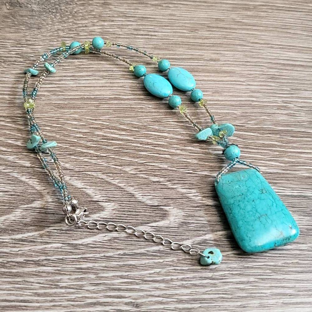 Genuine Turquoise Bead & Large Slab Pendant Necklace 18"-21"
